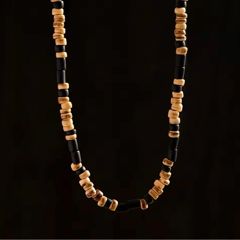 Brown and Black Small Beaded Chain Necklace Men Trendy Wood Beads